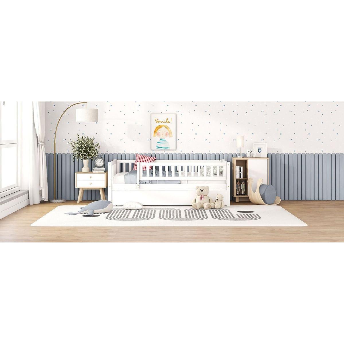 Twin Size Wood Daybed with Trundle and Fence Guardrails, White