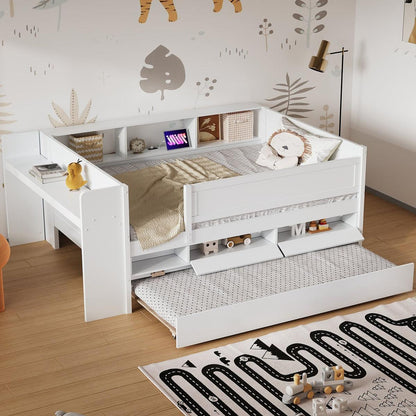 Multi-Functional Twin Daybed with Drawers and Trundle, Headboard Storage and Tables, USB Charging Station, White