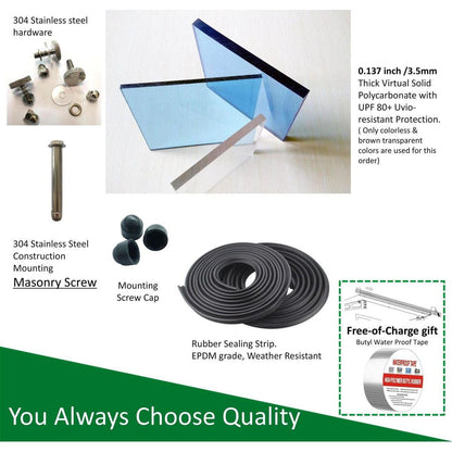 DA5934C Series Door Window Awning Canopy Made of 0.137Inch Thick Crystal Solid Polycarbonate Sheet and Aluminum Alloy with Valance in size of 59" Wide x 34" Deep for Masonry Concrete Wall House only.