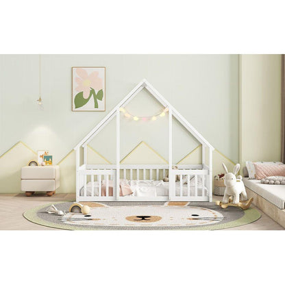 Twin Wood House-Shaped Floor Bed with Fence, Guardrails, White