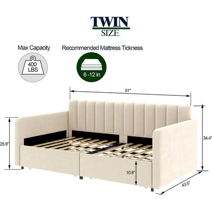 Flora Upholstered Daybed with 2 Drawers, Twin, Ivory Velvet, Ribbed Tufted Backrest, Daybed in Lavish Modern Design