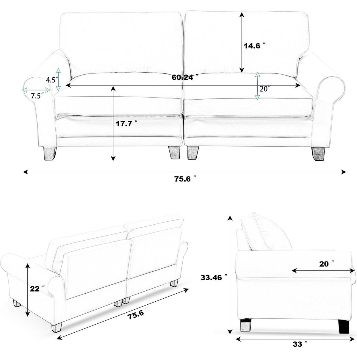 75.6" Pets friendly Leather Rolled Arm Upholstered Loveseat 2-seater Couch with Removable Back Cushion, Modern Couches for Small Spaces Living Room, Bedroom, Apartment, Black