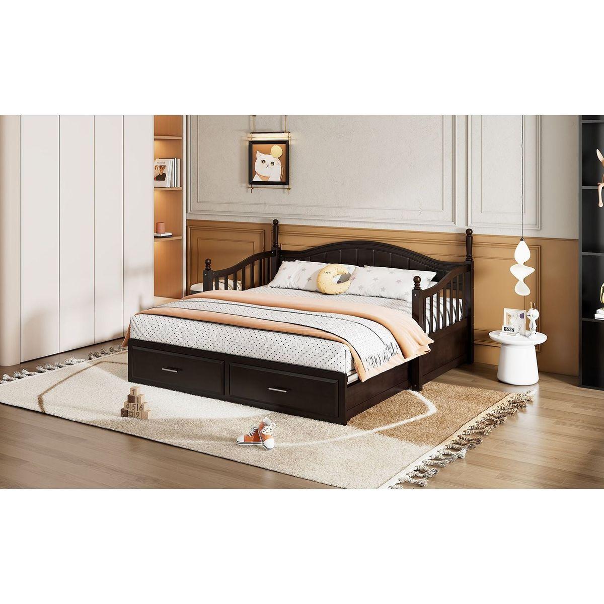 Wooden Twin Size Daybed with Twin Size Trundle, Extendable Daybed with Two Storage Drawers, Espresso