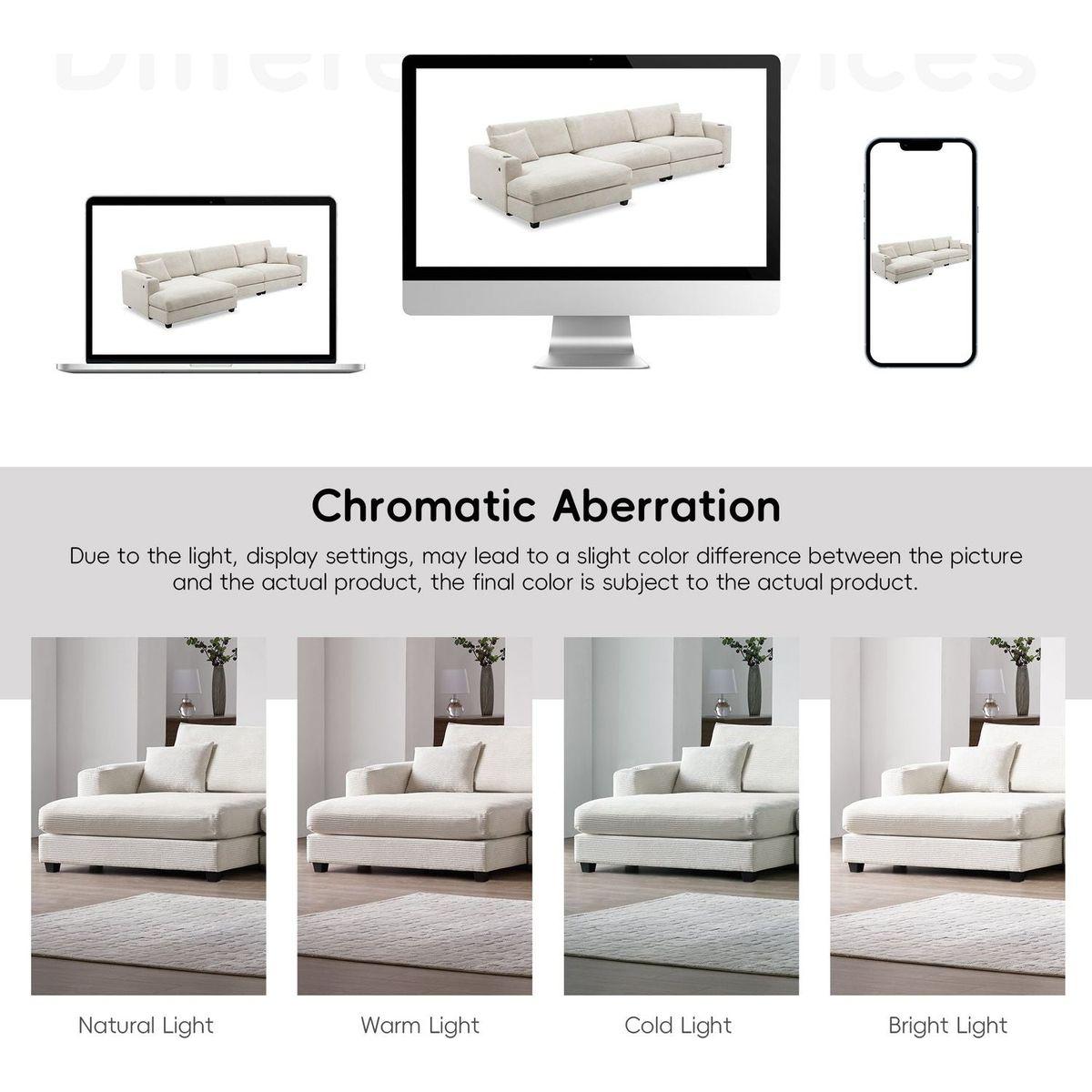 134x54"Oversized Corduroy Sectional Sofa,L Shaped Cloud Couch with USB Charging Port,Cup Holder,Deep Seat Sofa Bed with 50" Chaise,Comfy Indoor Furniture for Living Room,3 Colors