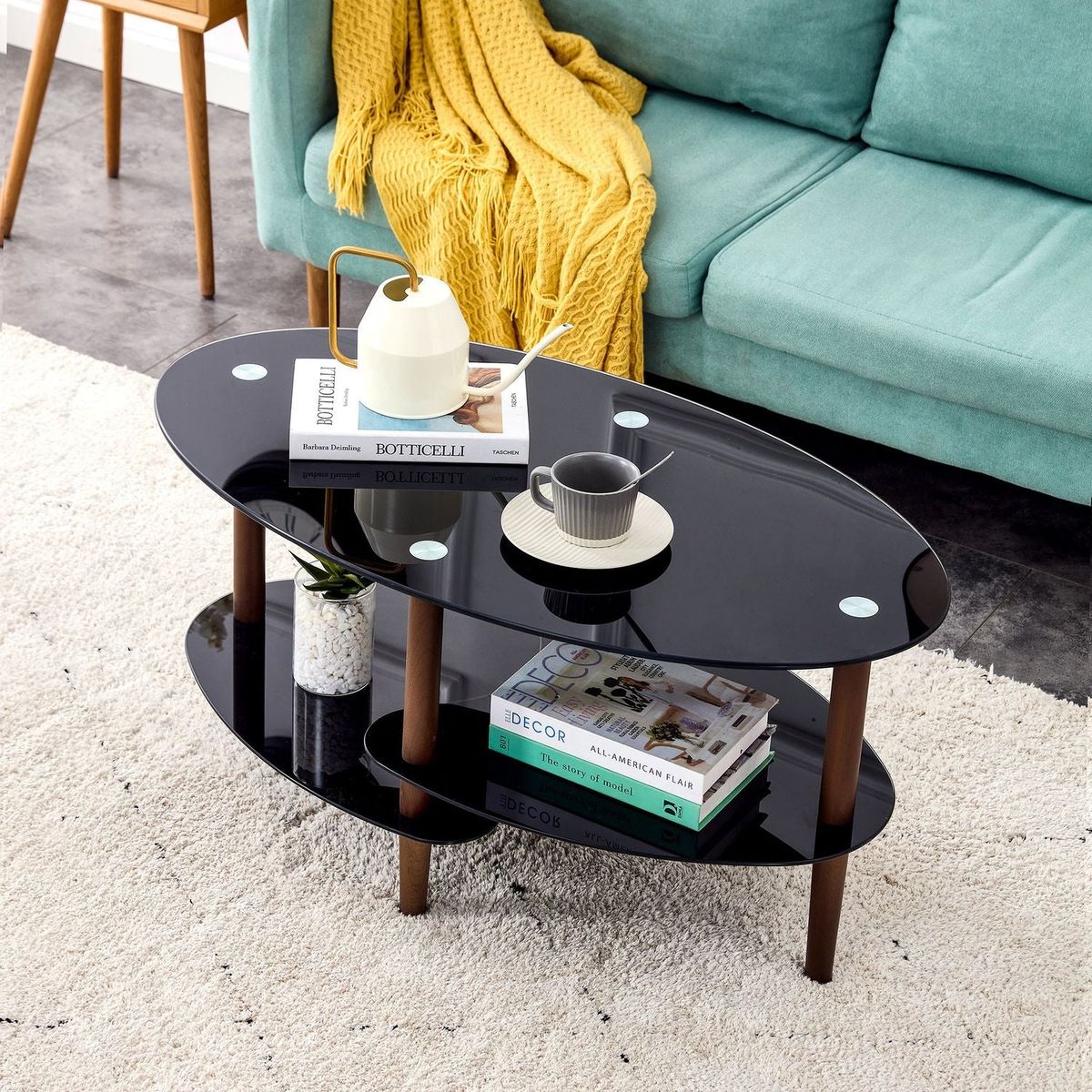 Black Oval glass coffee table, modern table in living room Oak wood leg tea table 3-layer tempered glass table
