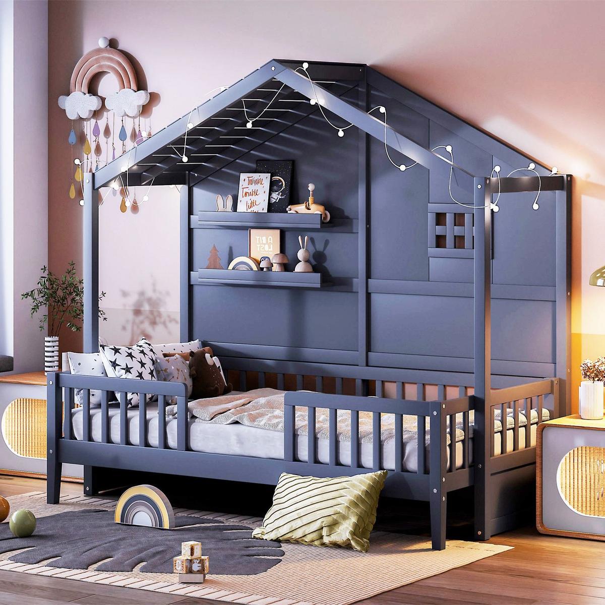 Twin Size House Bed with Shelves, House Bed with Window and Sparkling Light Strip on the Roof, Gray