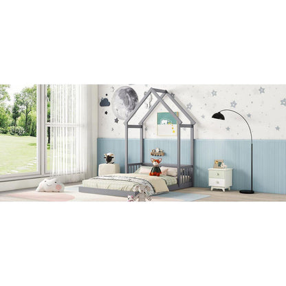 Full Roof-framed Headboard Floor Bed with Headboard Guardrails, without Slats, Grey