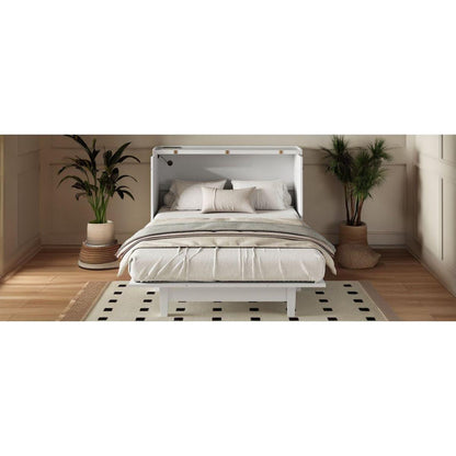 Solid Pine Murphy Bed Chest Cube Cabinet Bed with Charging Station and Large Storage Drawer for Home Office or Small Room,Full,White