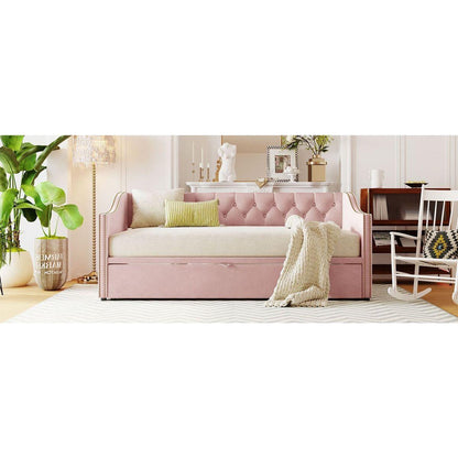 Twin Size Upholstered daybed with Pop Up Trundle, Pink