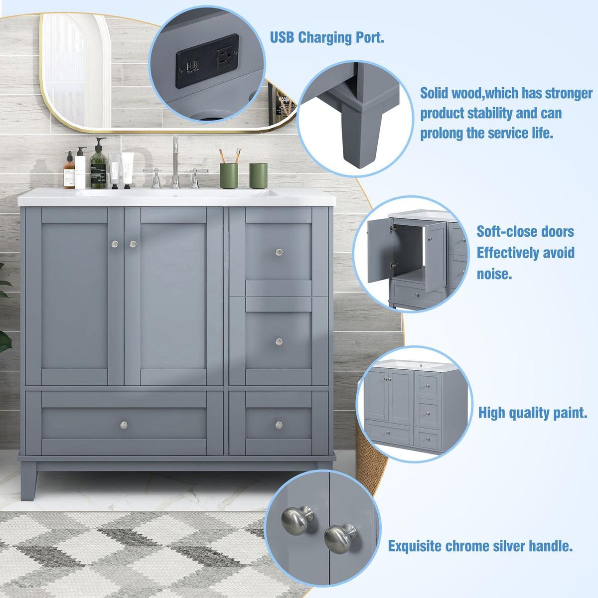 36 Inch Modern Bathroom Vanity with USB Charging, Two Doors and Three Drawers Bathroom Storage Vanity Cabinet with single top, Small Bathroom Vanity cabinet with sink, White & Gray Blue - Faucets Not