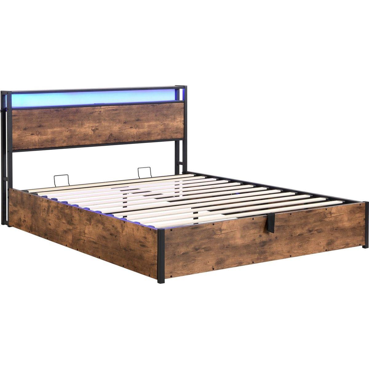 Lift-up Storage Bed Frame, Full Size Bed Frame with Bookcase Headboard & LED Lights, Wooden Platform Bed Frame with Charging Station, No Spring Box Needed, Rustic Brown