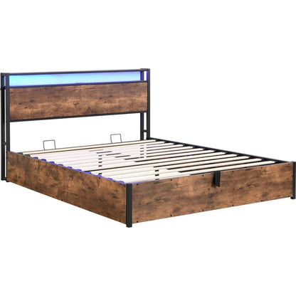 Lift-up Storage Bed Frame, Full Size Bed Frame with Bookcase Headboard & LED Lights, Wooden Platform Bed Frame with Charging Station, No Spring Box Needed, Rustic Brown