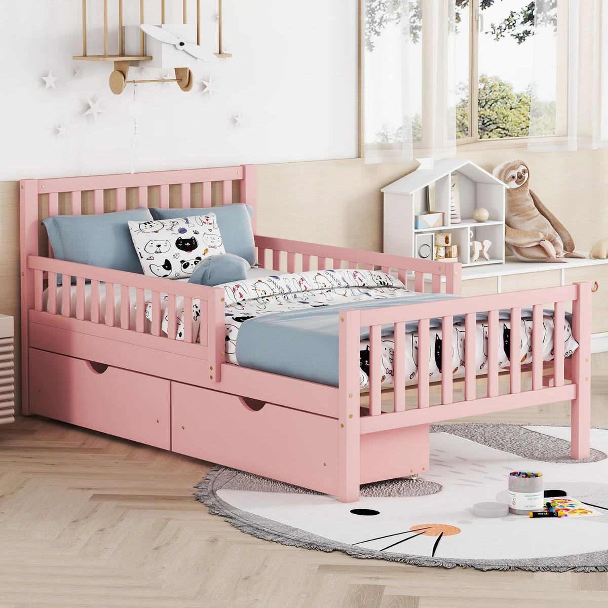 Twin Size Wood Platform Bed with Guardrails on Both Sides and Two Storage Drawers, Pink