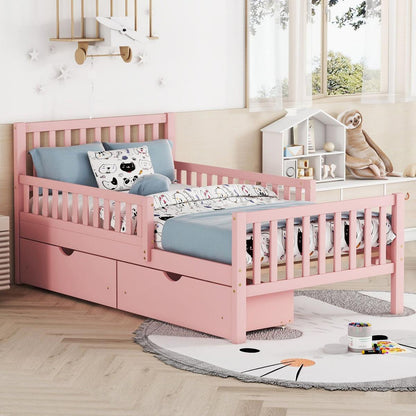 Twin Size Wood Platform Bed with Guardrails on Both Sides and Two Storage Drawers, Pink