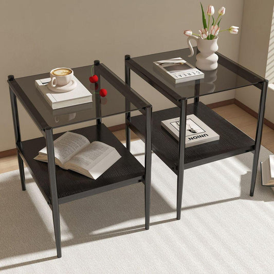 Set of 2 Rectangle End Table, Tempered Glass Tabletop with MDF layer, Modern Table for Living Room, Gray Glass