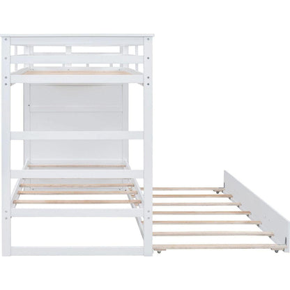 Twin Over Twin Bunk Bed with Trundle and Staircase,White