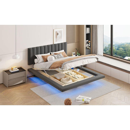 Queen Size Upholstered Floating Bed with LED Light and USB Port, Velvet, Gray, Hydrualic Platform Bed
