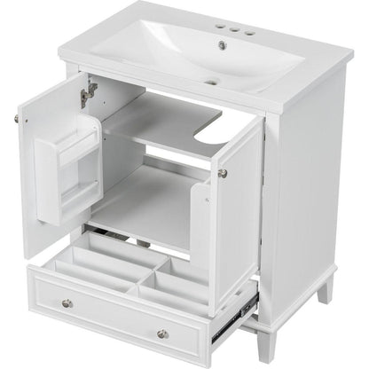 30" Bathroom Vanity with Sink Combo, Multi-functional Bathroom Cabinet with Doors and Drawer, Solid Frame and MDF Board, White