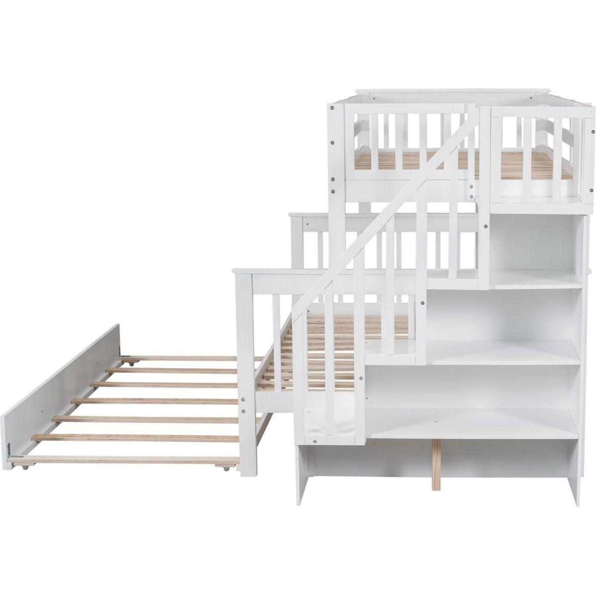Twin-Over-Full Bunk Bed with Twin size Trundle, Storage and Guard Rail for Bedroom, Dorm, for Adults, White