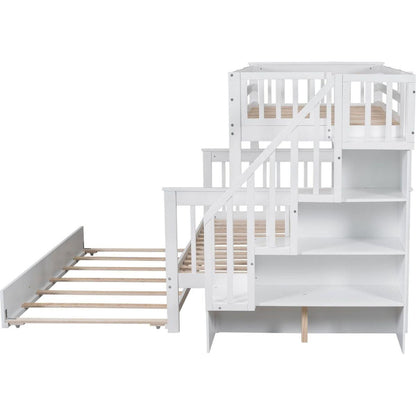 Twin-Over-Full Bunk Bed with Twin size Trundle, Storage and Guard Rail for Bedroom, Dorm, for Adults, White