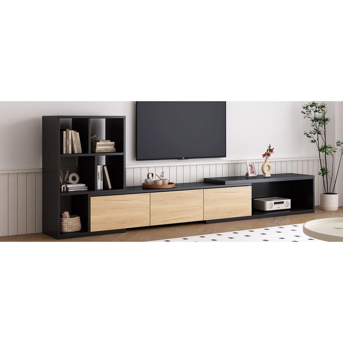 74.8"-126" Extendable TV Stand with 3 Tier Bookshelves for TVs up to 110", Adjustable Entertainment Center with Storage Cabinets, Sliding Tabletop Media Console for Living Room, Black