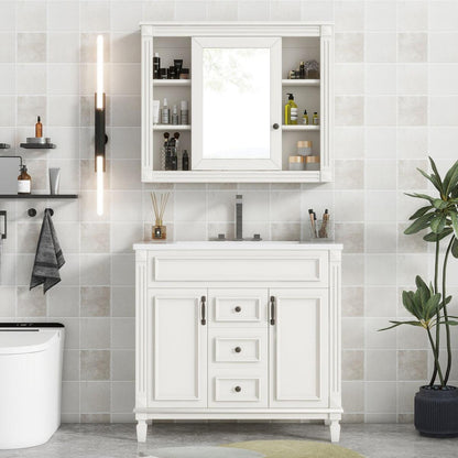 36" Bathroom Vanity with Top Sink, White Mirror Cabinet, Modern Bathroom Storage Cabinet with 2 Soft Closing Doors and 2 Drawers, Single Sink Bathroom Vanity