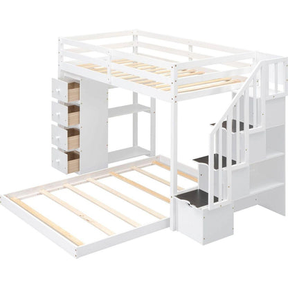 Twin Over Full Bunk Bed with 3-layer Shelves, Drawers and Storage Stairs, White