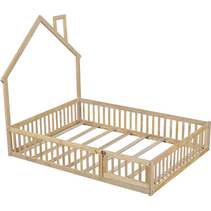 Wood Full Size House Platform Bed with Guardrail, Natural