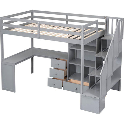 Twin Size Loft Bed with L-Shaped Desk and Drawers, Cabinet and Storage Staircase, Gray