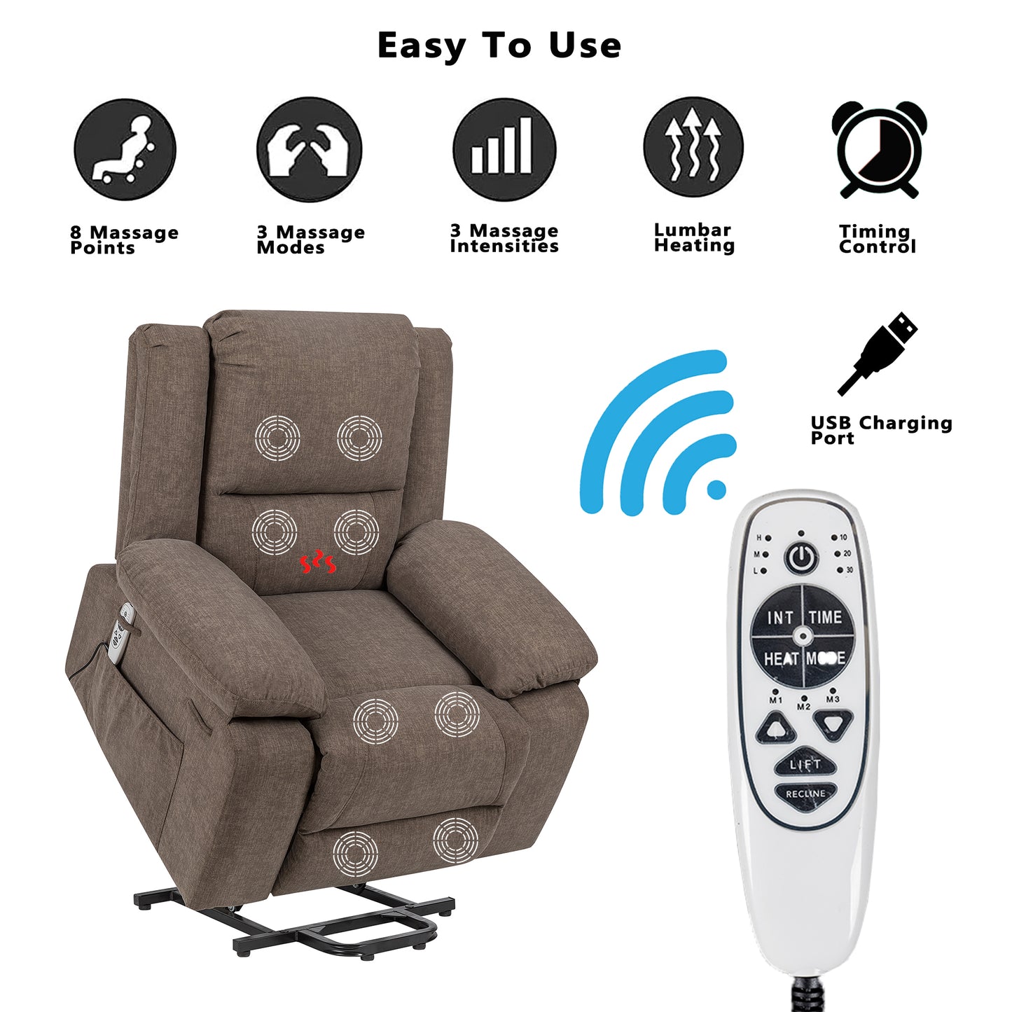 Electric Power Recliner Chair With Massage For Elderly, Remote Control Multi-function Lifting, Timing, Cushion Heating Chair With Side Pocket Brown