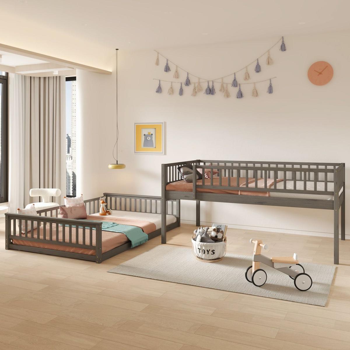 Full XL over Queen Bunk Bed with Ladder and Guardrails, Gray