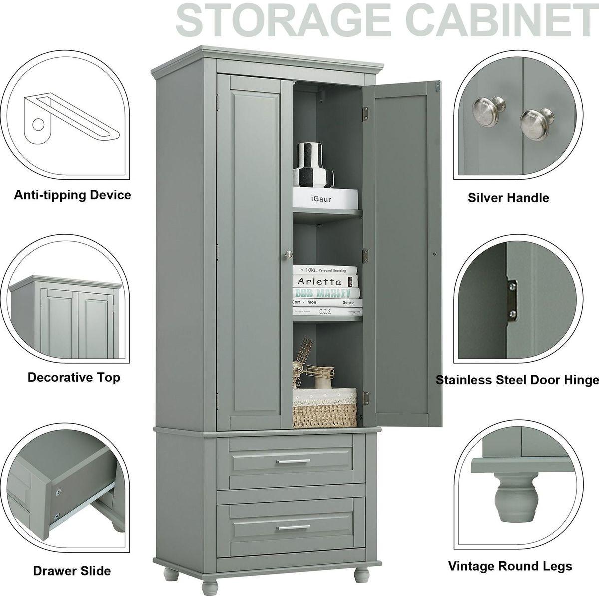 Tall Storage Cabinet with Two Drawers for Bathroom/Office, Grey
