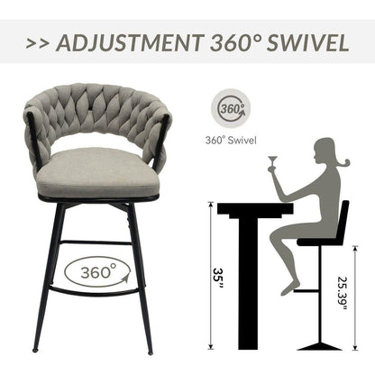 Bar Chair Linen Woven Bar Stool Set of 2,Black legs Barstools No Adjustable Kitchen Island Chairs,360 Swivel Bar Stools Upholstered Bar Chair Counter Stool Arm Chairs with Back Footrest, (Grey)