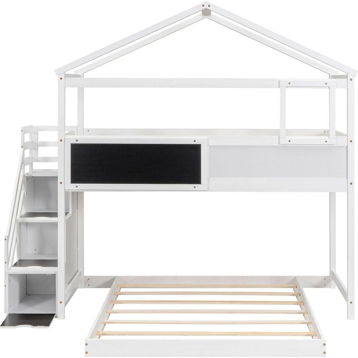 Twin over Full House Bunk Bed with Storage Staircase and Blackboard,White