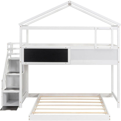 Twin over Full House Bunk Bed with Storage Staircase and Blackboard,White