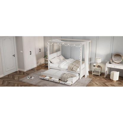 Full Size Upholstery Canopy Platform Bed with Trundle and Three Storage Drawers, Beige - Streamdale Furniture