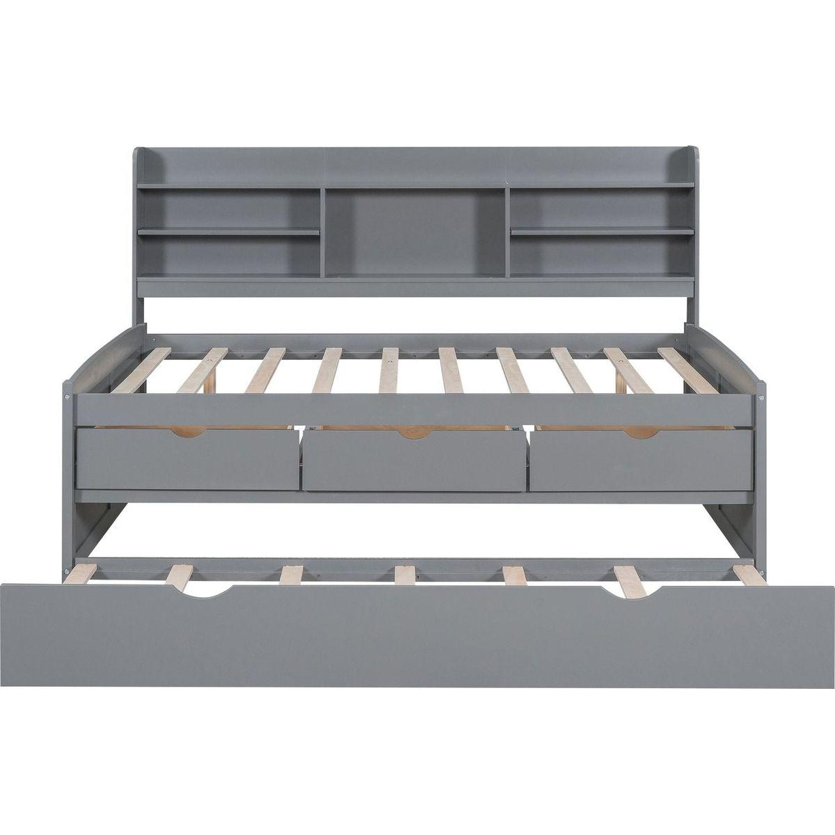 Full Size Wooden Captain Bed with Built-in Bookshelves,Three Storage Drawers and Trundle,Light Grey