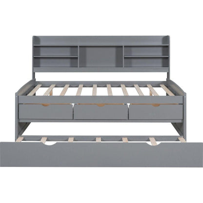 Full Size Wooden Captain Bed with Built-in Bookshelves,Three Storage Drawers and Trundle,Light Grey