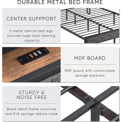 Queen Bed Frame with Storage Headboard, Charging Station and LED Lights, Upholstered Platform Bed with Heavy Metal Slats, No Box Spring Needed, Noise Free, Easy Assembly, Dark Gray