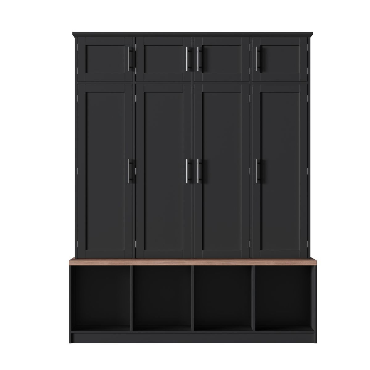 [Assembly Video Provided] Farmhouse Hall Tree with 4 Hidden Hanging Hooks, Versatile Walnut Seating Bench with 8 Doors, Entryway Shoe Cabinet with Open Compartments for Living Room, Black