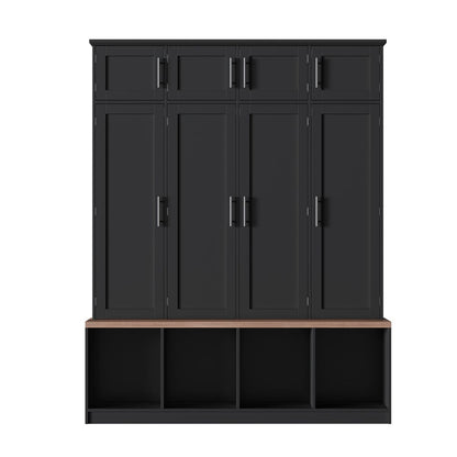 [Assembly Video Provided] Farmhouse Hall Tree with 4 Hidden Hanging Hooks, Versatile Walnut Seating Bench with 8 Doors, Entryway Shoe Cabinet with Open Compartments for Living Room, Black