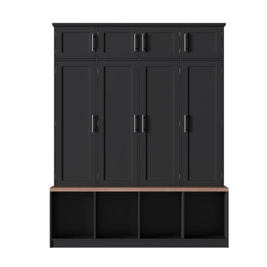 [Assembly Video Provided] Farmhouse Hall Tree with 4 Hidden Hanging Hooks, Versatile Walnut Seating Bench with 8 Doors, Entryway Shoe Cabinet with Open Compartments for Living Room, Black