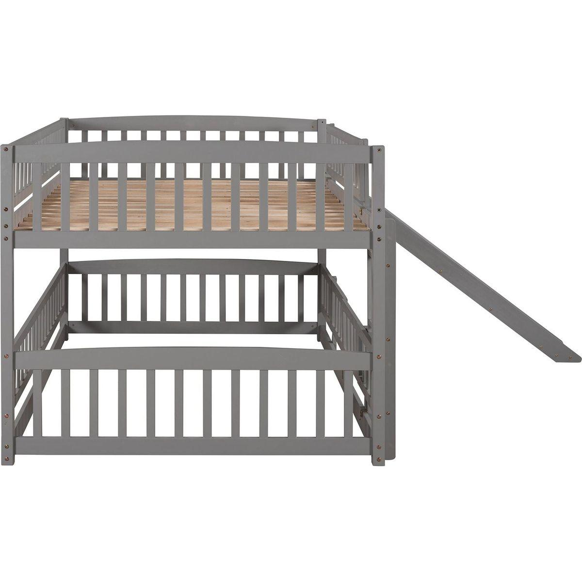 Bunk Bed with Slide,Full Over Full Low Bunk Bed with Fence and Ladder for Toddler Kids Teens Gray