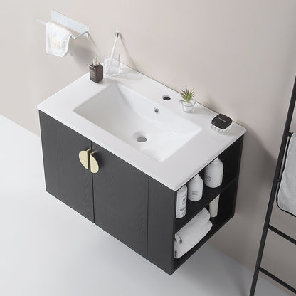 30" Bathroom Vanity with Sink,with two Doors Cabinet Bathroom Vanity Set with Side right Open Storage Shelf,Solid Wood,Excluding faucets,Black