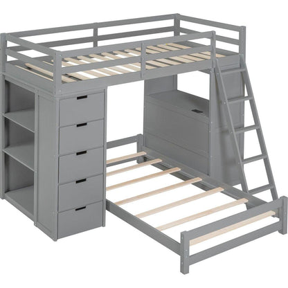 Twin over Twin Bunk Bed with LED Light and USB Ports, Gray