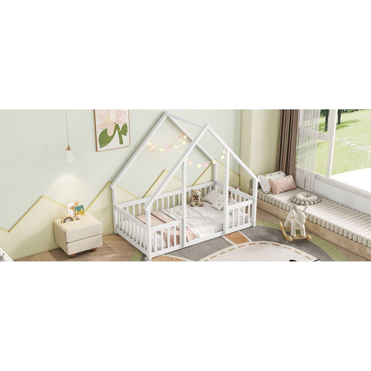 Twin Wood House-Shaped Floor Bed with Fence, Guardrails, White