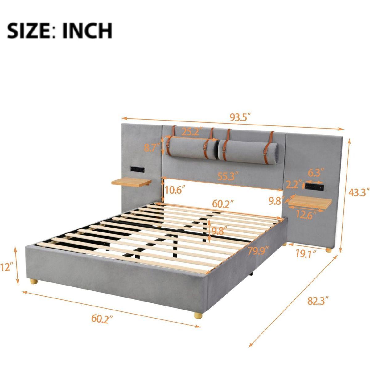 Queen Upholstered Platform Bed, Two Outlets and USB Charging Ports on Both Sides, Two Bedside Pillows, Storage Shelves, Velvet,Gray