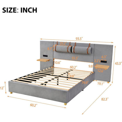 Queen Upholstered Platform Bed, Two Outlets and USB Charging Ports on Both Sides, Two Bedside Pillows, Storage Shelves, Velvet,Gray