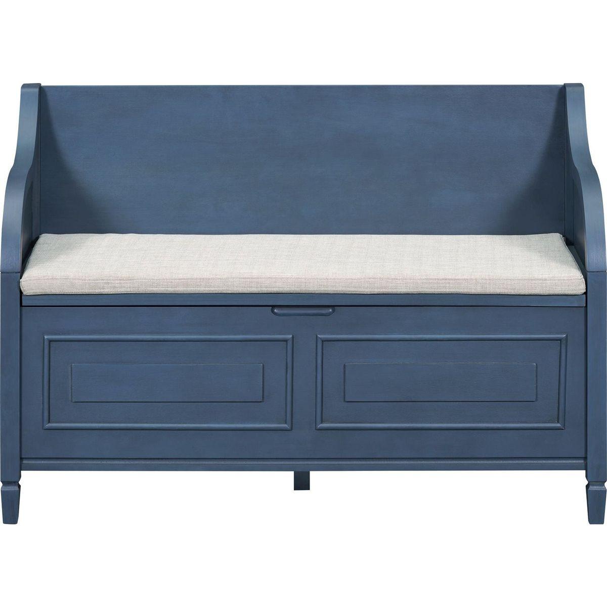 Rustic Style Solid wood Entryway Multifunctional Storage Bench with Safety Hinge (Antique Navy+ Beige)