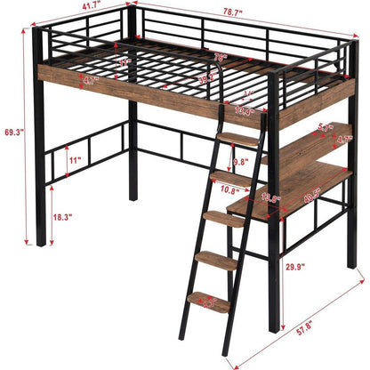 Metal Twin Size Loft Bed with Built-in Desk, Storage Shelf and Ladder, Black